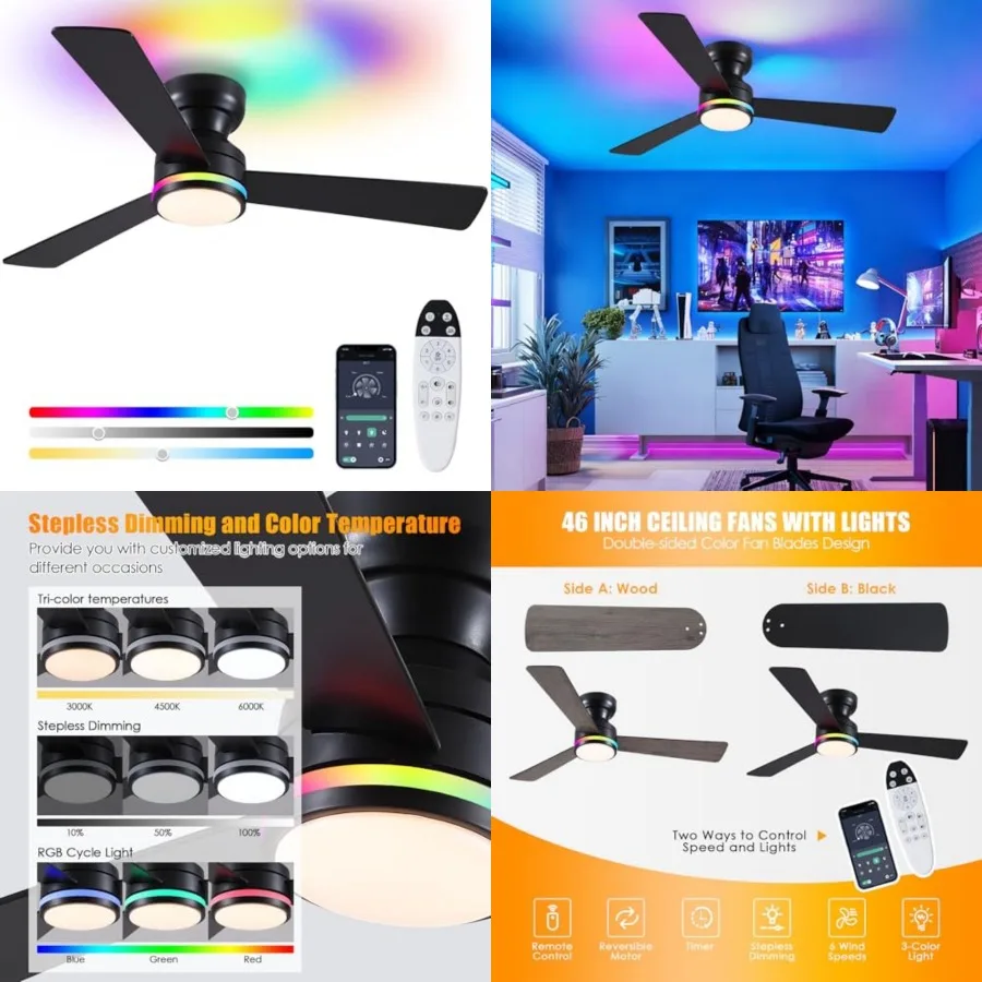 

46" RGB Ceiling Fans with Lights and Remote, Low Profile Ceiling Fans with Quiet Reversible DC Motor, Modern Flush Mount Ceilin