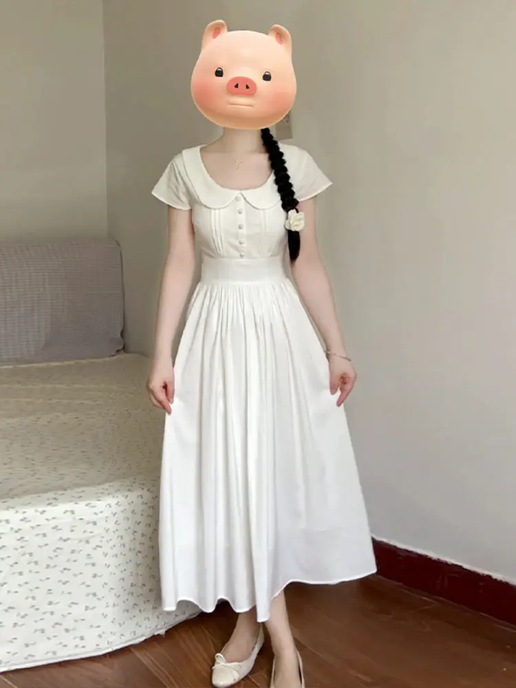 Vestido adeazante de corte en A con cuello Peter Pan, manga corta, estilo coreano para estudiantes, vestido midi entallado ...