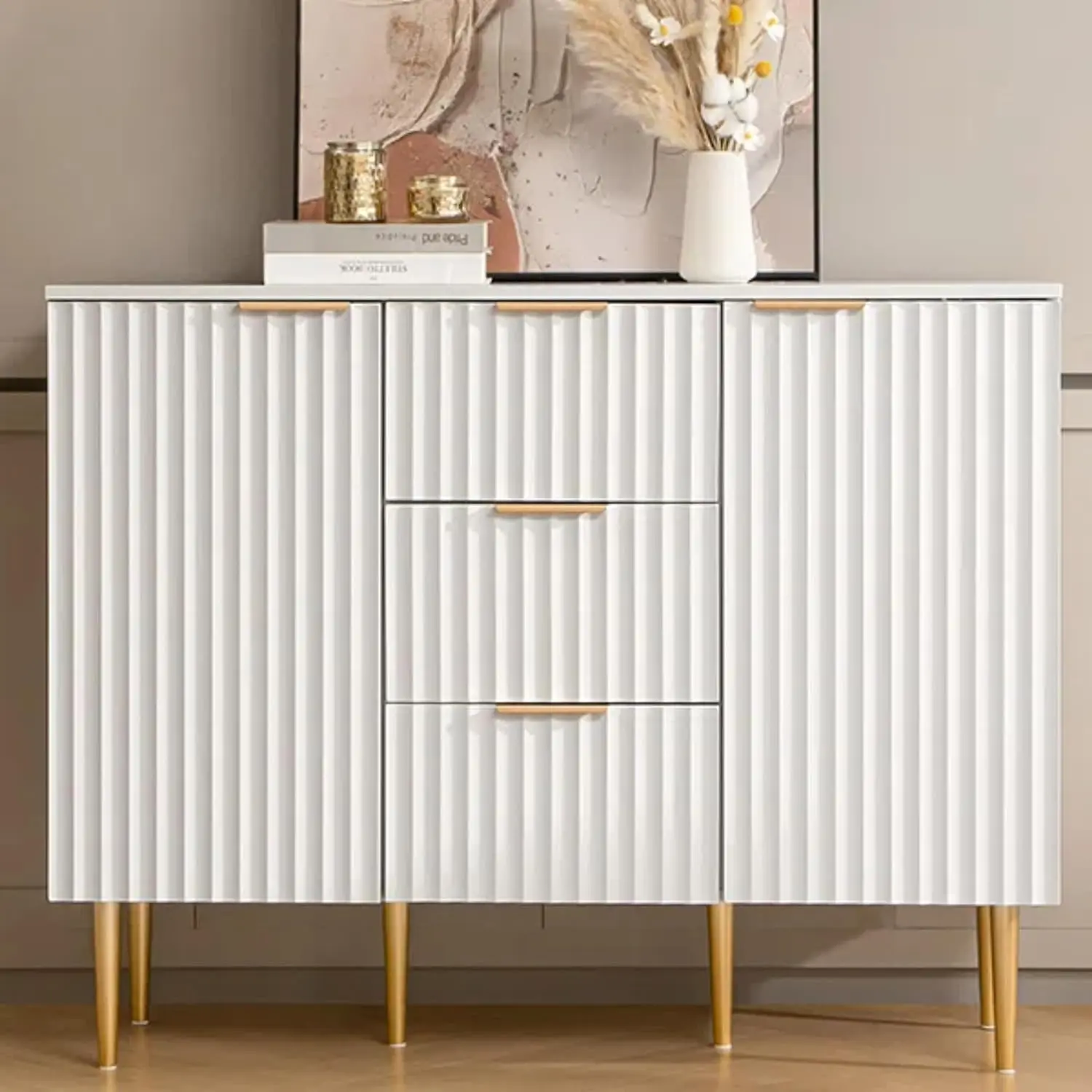 

White Storage Cabinet with 3 Drawers, Glossy Fluted Buffet Sideboard with Adjustable Shelves, Credenza Accent Console Table