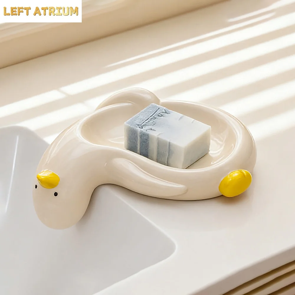 Cute Duck Shape Porcelain Soap Dish Creative Korean Ins Ceramic Soap Box Bathroom Sink Drainable Soap Case Home Decor