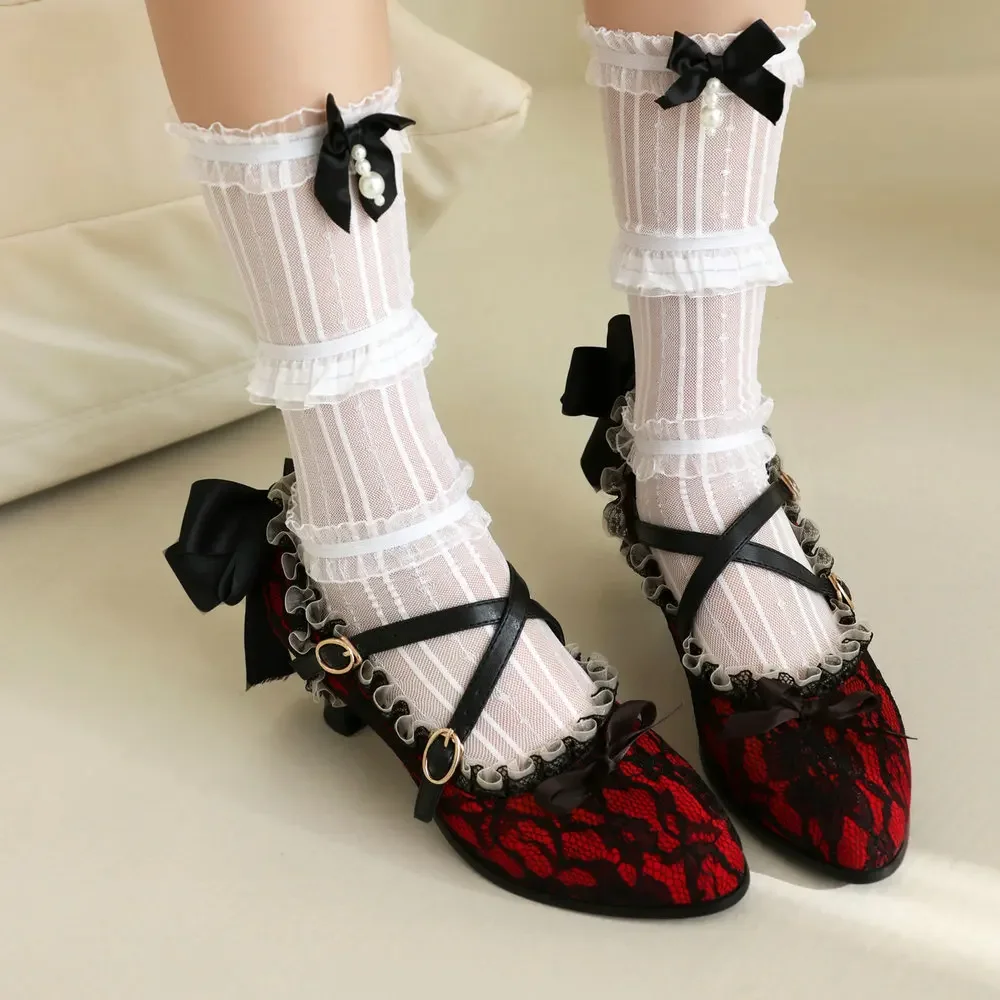 Lace Velvet Classic Lolita Mary Janes Shoes Victorian Retro Dark Black Gothic Harajuku Women\'s Pumps Witch Cosplay High Heels