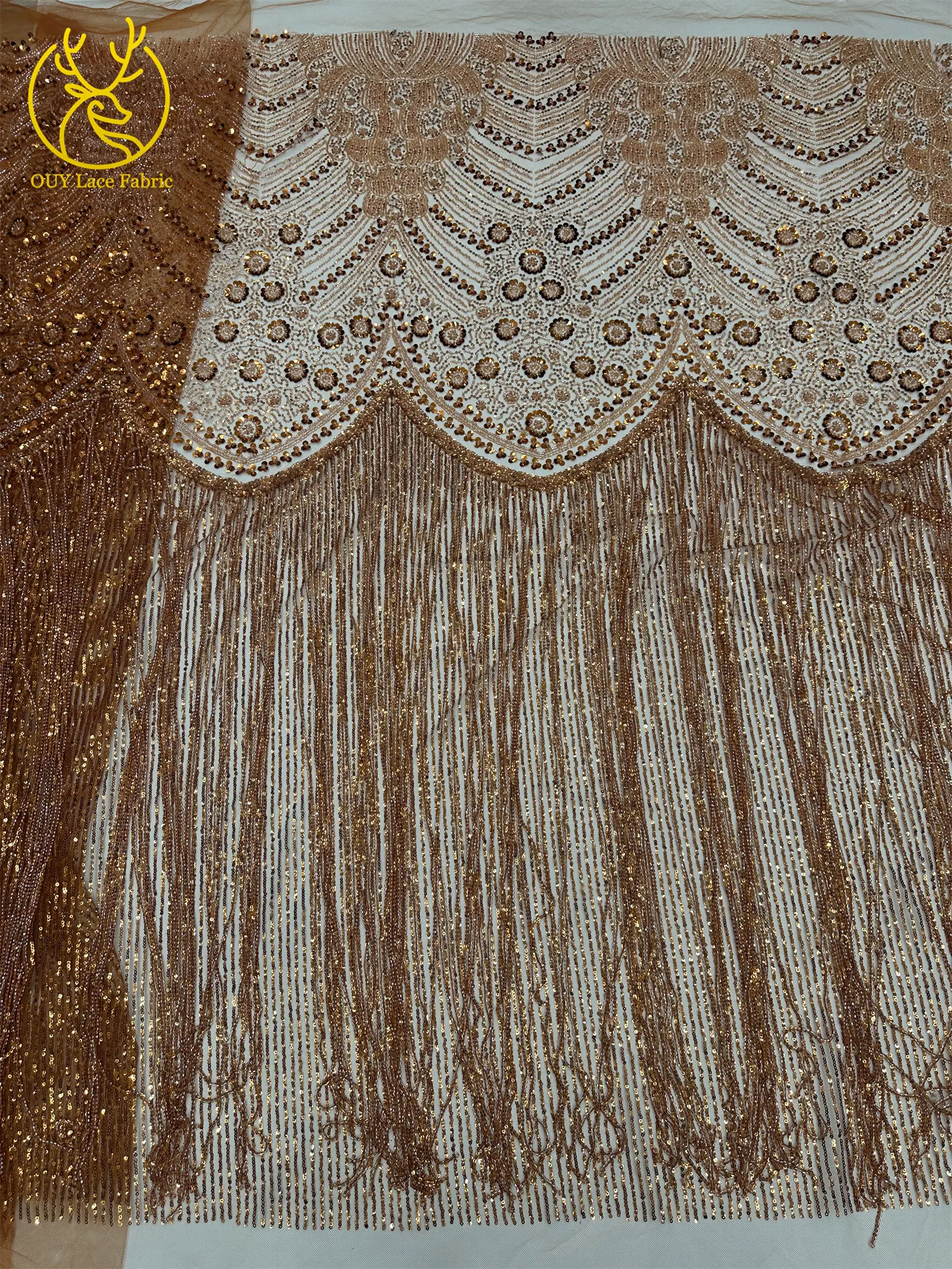 Goldener Afrikanischer Nigerianischer 3D-Perlen-Spitzenstoff 5 Yards Französischer Pailletten-Tüll Stickerei-Kleiderstoff für Damen Party Hochzeit Kleid Nähen – Detail 18