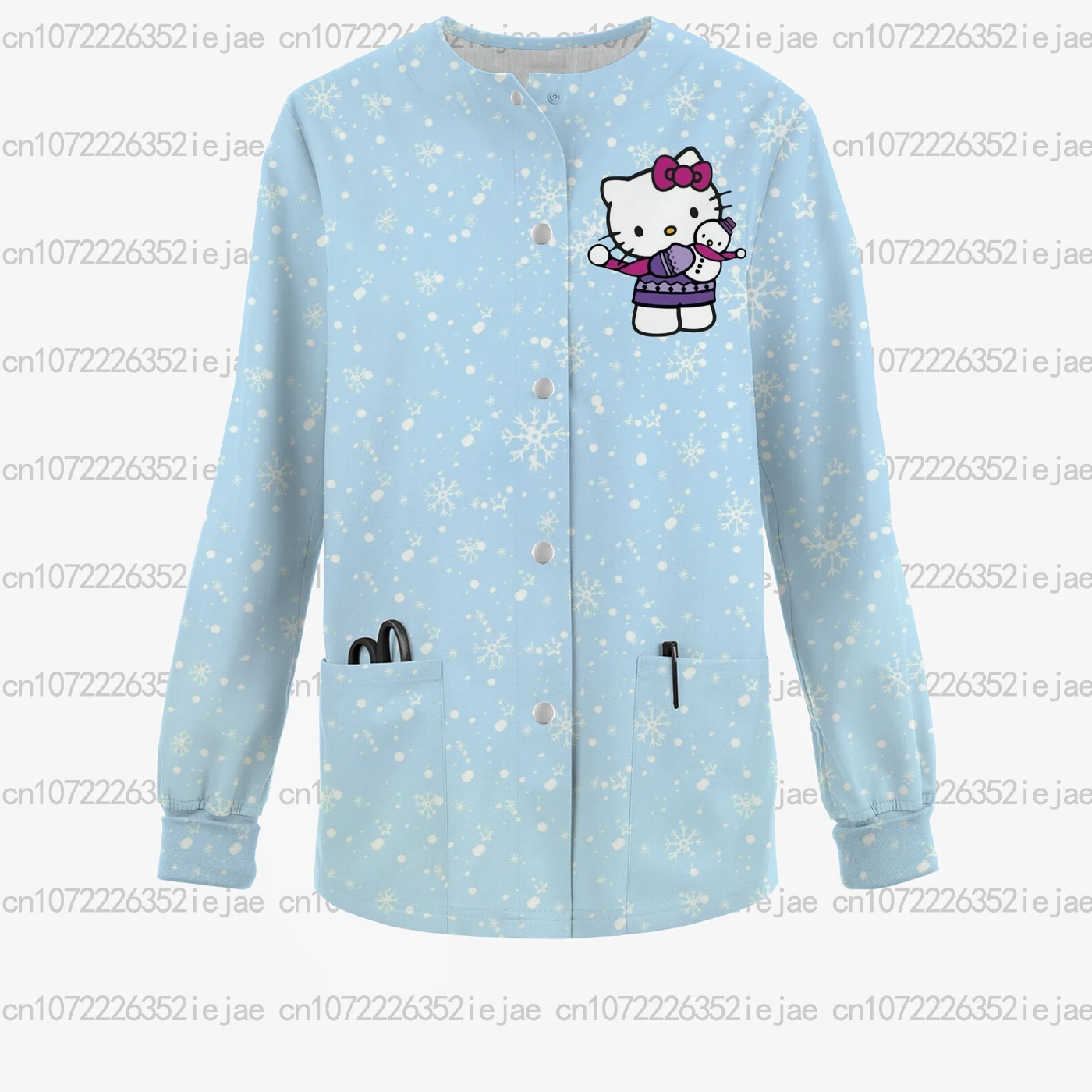 الشتاء المرأة ممرضة موحدة مطبوعة عيد الميلاد مرحبا كيتي التمريض جيب متجمد أعلى الحيوانات الأليفة متجر مستشفى سترة طبية أعلى