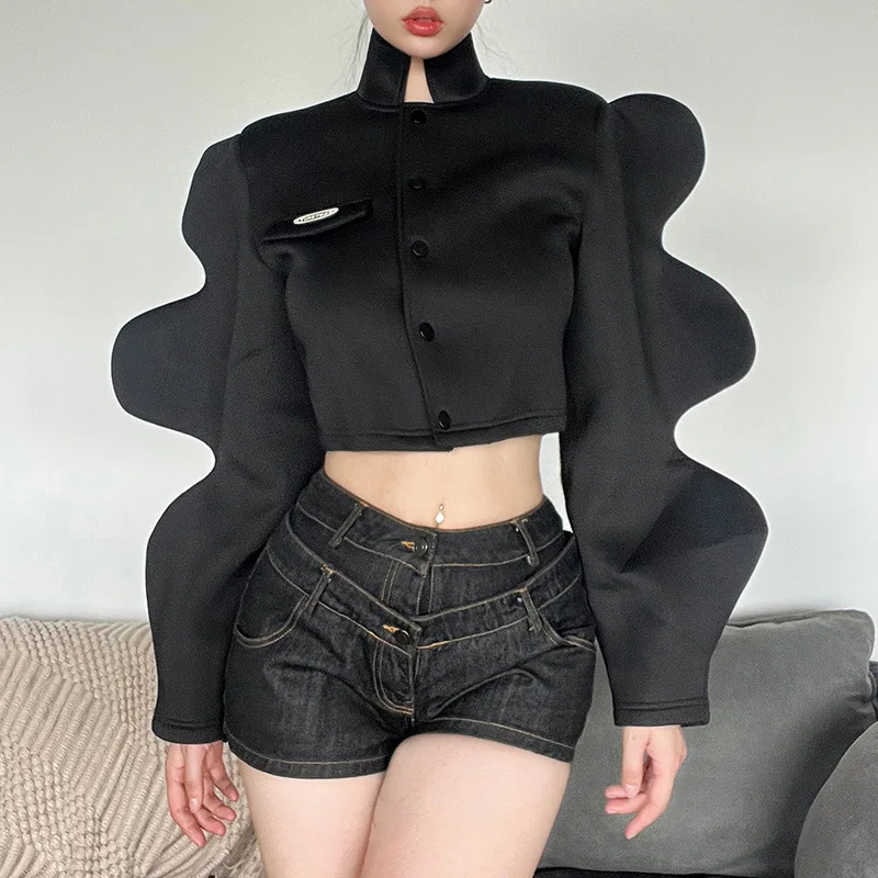 

Creative Lantern Sleeve Jacket Women's Fashionable Stand Up Collar Jacket Single Breasted Black Women's Clothing Autumn Winter