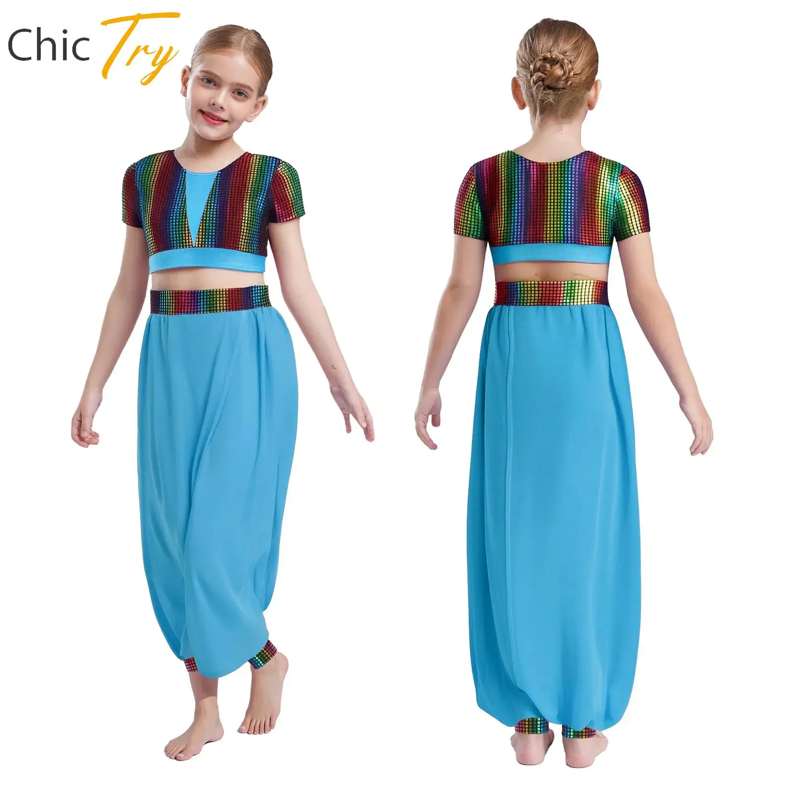 

Kids Girls Hip Hop Sets Jazz Dance Performance Costume Short Sleeves Small-Check Metallic Crop Tops with Pants Dancewear Outfits