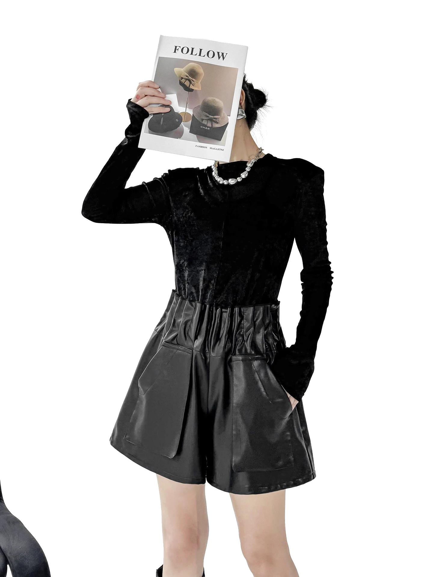 Fashionable PU Leather Pleated Wide Leg Pants Women's High Waist Elastic Waist Slimming Shorts Casual Style Autumn 2026