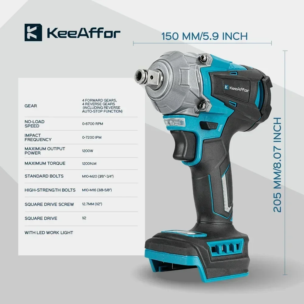 KEEAFFOR 1200 N.M Bürstenloser elektrischer Schlagschrauber, 1/2 Zoll, 4 Gänge, hohes Drehmoment, Akku-Schraubenschlüssel, Elektrowerkzeuge für