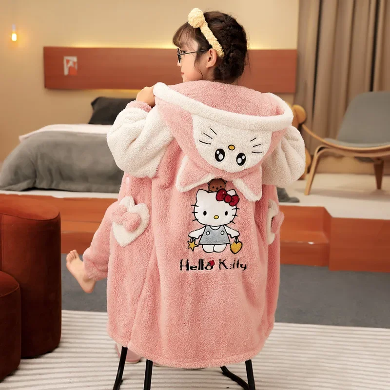 

2Pcs Hello Kitty Kuromi Cinnamoroll Children Plush Pajamas Cartoon Anime Girls Boys Long Style Thicken Warm Night-Robe Homewear