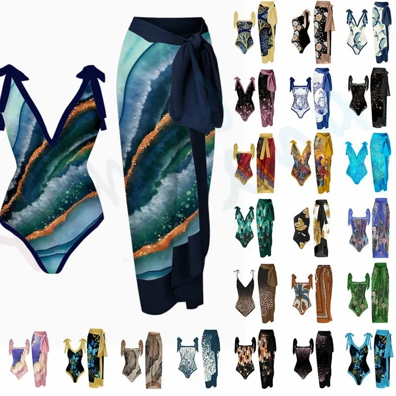 2023 New Two Piece Set Women's Retro Print Sexy One Piece Push Up Bikini Swimsuit Skirt Tie Floral Swimwear Ethnic Beachwear