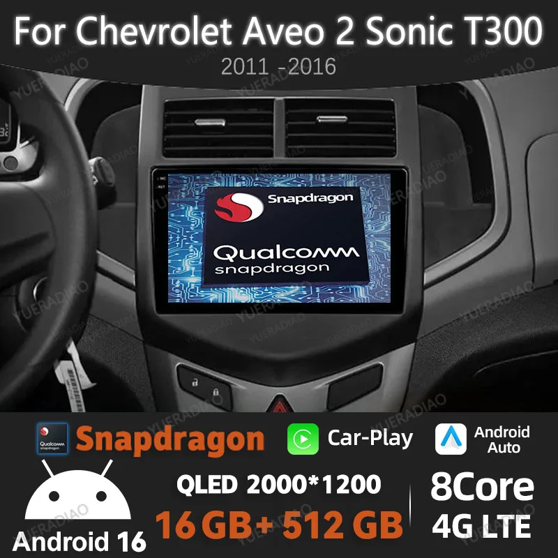 Radio para Auto Android 16 para Chevrolet Aveo 2 Sonic T300 2011-2016, QLED, 4G, WIFI, Reproductor Multimedia Estéreo, Video, BT, 2DIN, Qualcomm