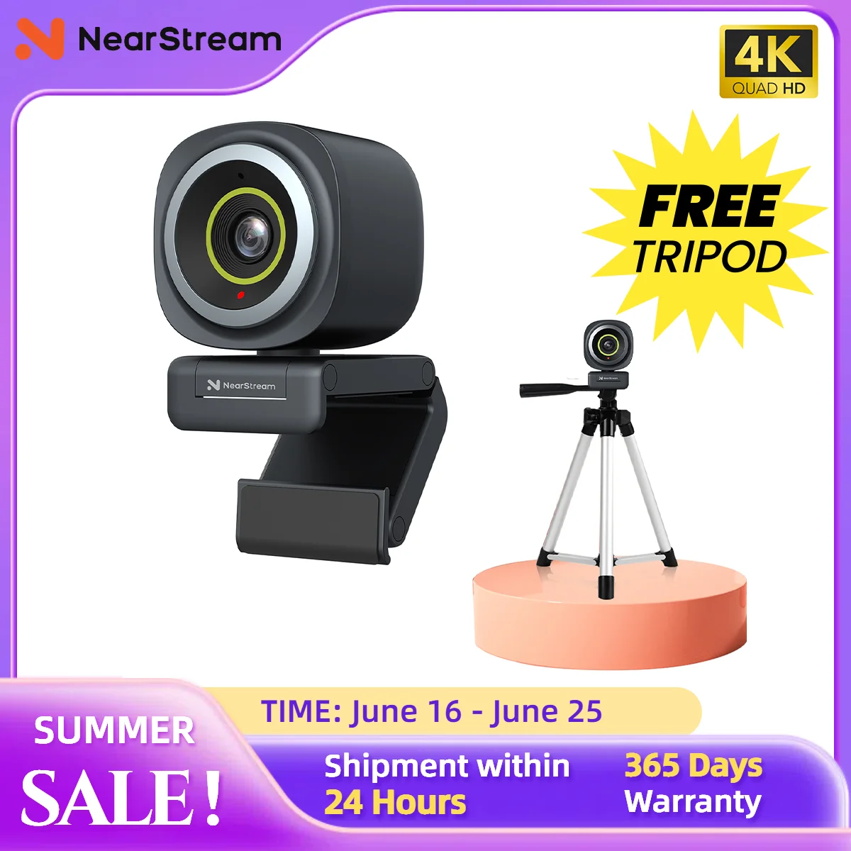 Nearstream 4K Webcam HDR 1080P@60FPS Noise Canceling Mic 45°-95°Adjustable FOV Auto Focus AI Framing for PC