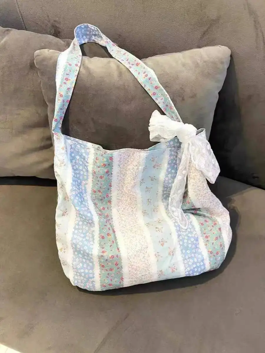 Bloom Fairycore Floral Large Capacity Handbag Purse Women Summer Portable Canvas Shoulder Bags Ladies Casual Shopping Bag Chic