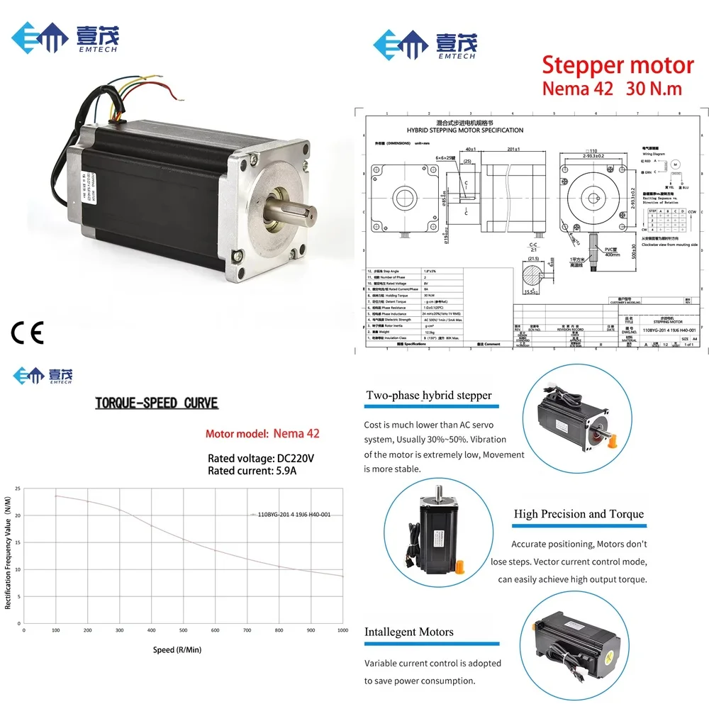 Hot Selling Phase Hybrid Stepper Motor for EMTECH 110BYG250-201 High Torque 30 Nm Open Loop Stepper Motor for CNC Router 3D