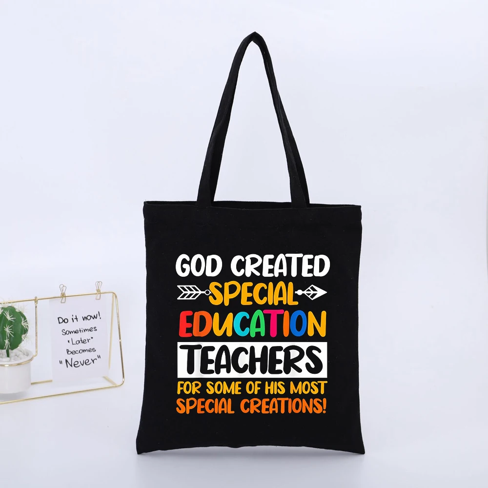 Special Education Teachers' Typography Print Black Canvas Tote Bag, Casual Style for Daily Use