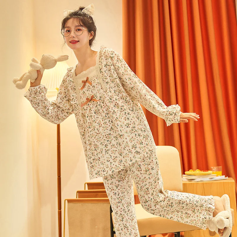 Autumn Cotton Women Sleepwear Set Floral Long Sleeve Round Neck Femme Pajamas Sweet Comfortable Soft Femmel Loungewear