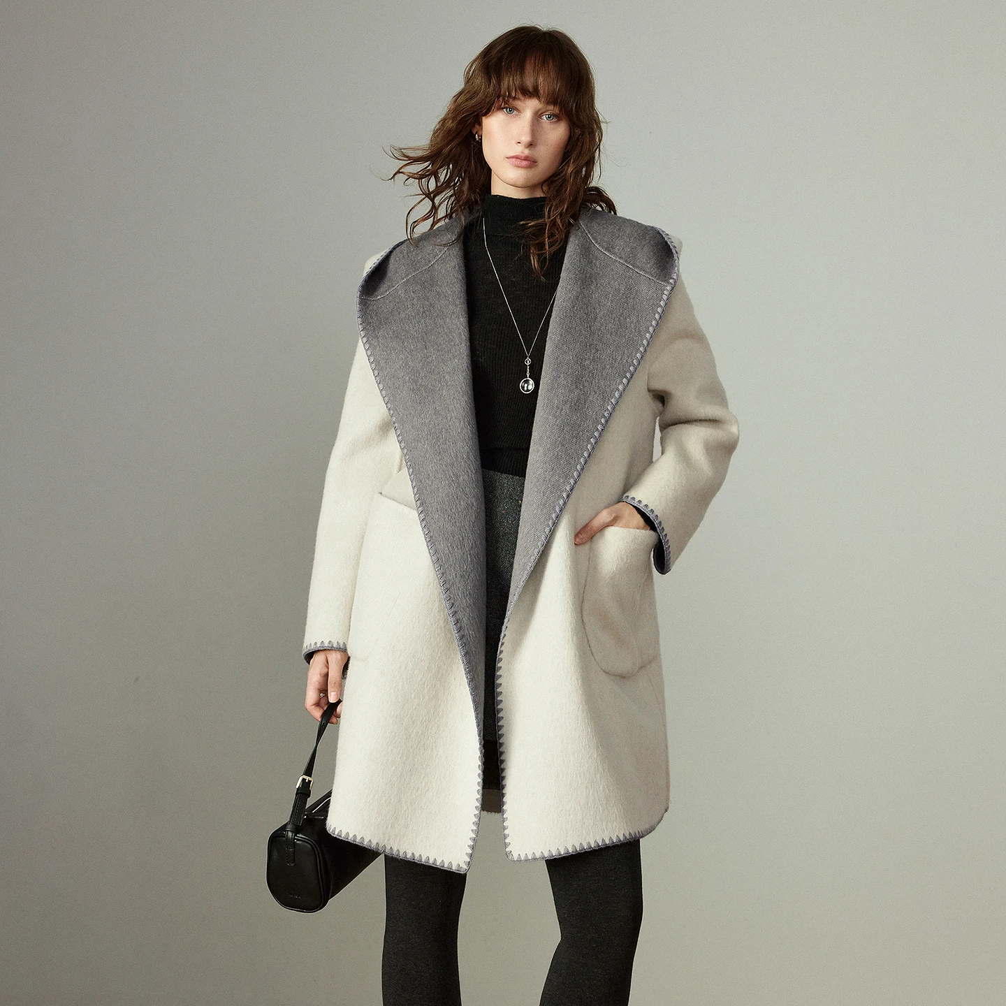 TOYOUTH Women Woolen Coats 2025 Winter New Wool-Silk-Rabbit Hair Blend Waist-Cinched Hooded Reversible Outerwear