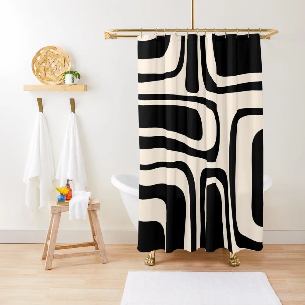 

Palm Springs Retro Midcentury Modern Abstract Pattern in Black and Almond Cream Shower Curtain Shower Curtain Sets For Bathroom