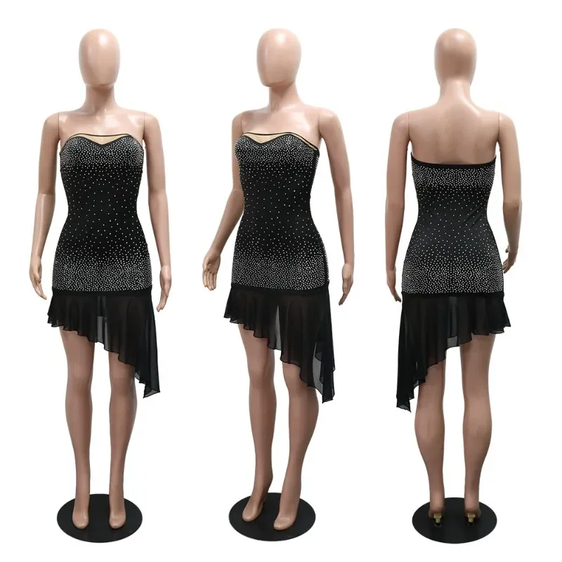 GUWU Women Diamonds Hot Rhinestones Sheer Mesh Irregular Bodycon Mini Dress 2025 Summer Vacation Party Birthday Sexy Dresses