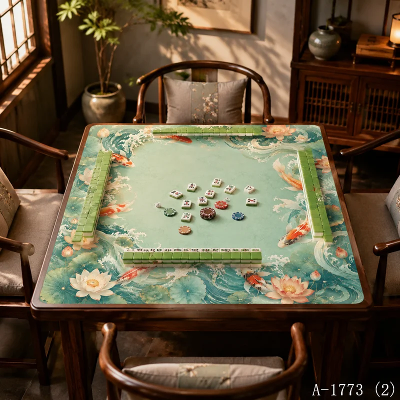VIKAMA Lotus Twin Koi Fish Mahjong Mat Non Slip Silent Rubber Foldable Waterproof Game Pad Mahjong Home Party