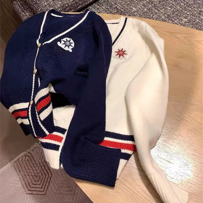 Bordado com decote em v camisola de malha cardigan feminino manga longa único breasted topos jumpers 2025 primavera elegante moda chique malhas