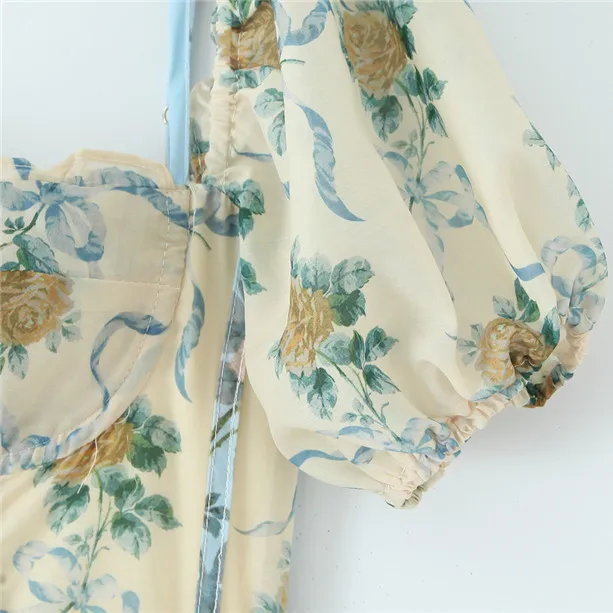 French Sle High Waist Floral Print Dr Women's Long Skirt Square Collar Slimming Design oulder Baring A-Line Summer Dr