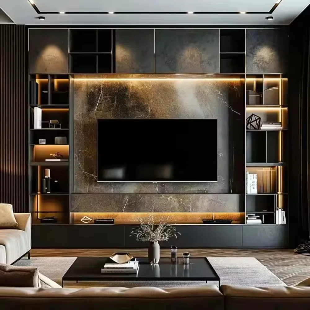 Custom Matte Modern Living Room Design Cabinet Storage Wood Grain Veneer TV Wall Cabinet