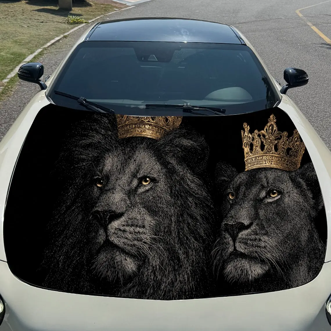 Car Decal Lions (Male and Female) with Golden Crowns in Artistic Dark Background & Royal-Distinguished Visual Details Car Hood S - view 3