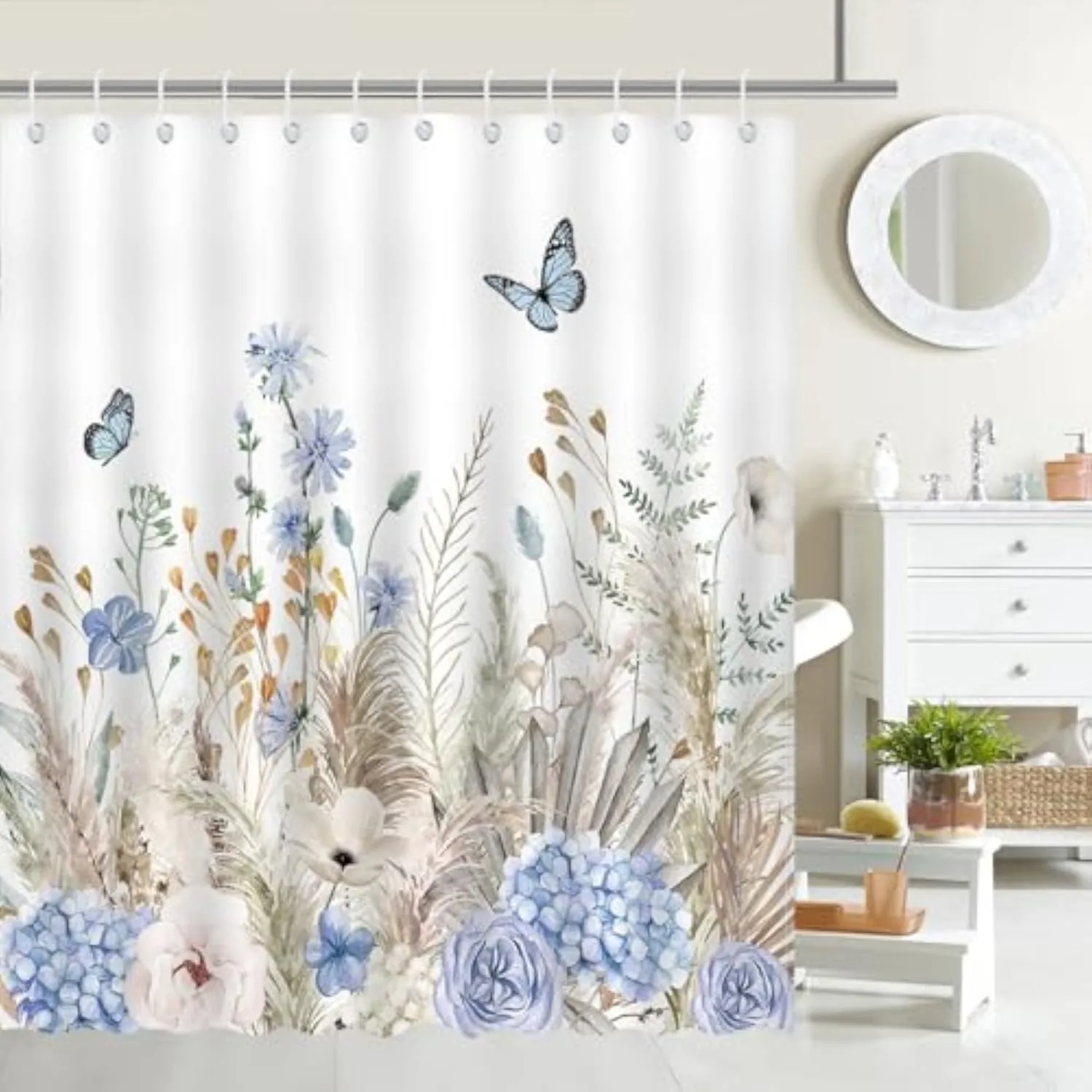 Boho Floral Shower Curtain Blue Floral Boho Leaves Grass Bathroom Shower Curtain Waterproof Fabric Shower Curtai