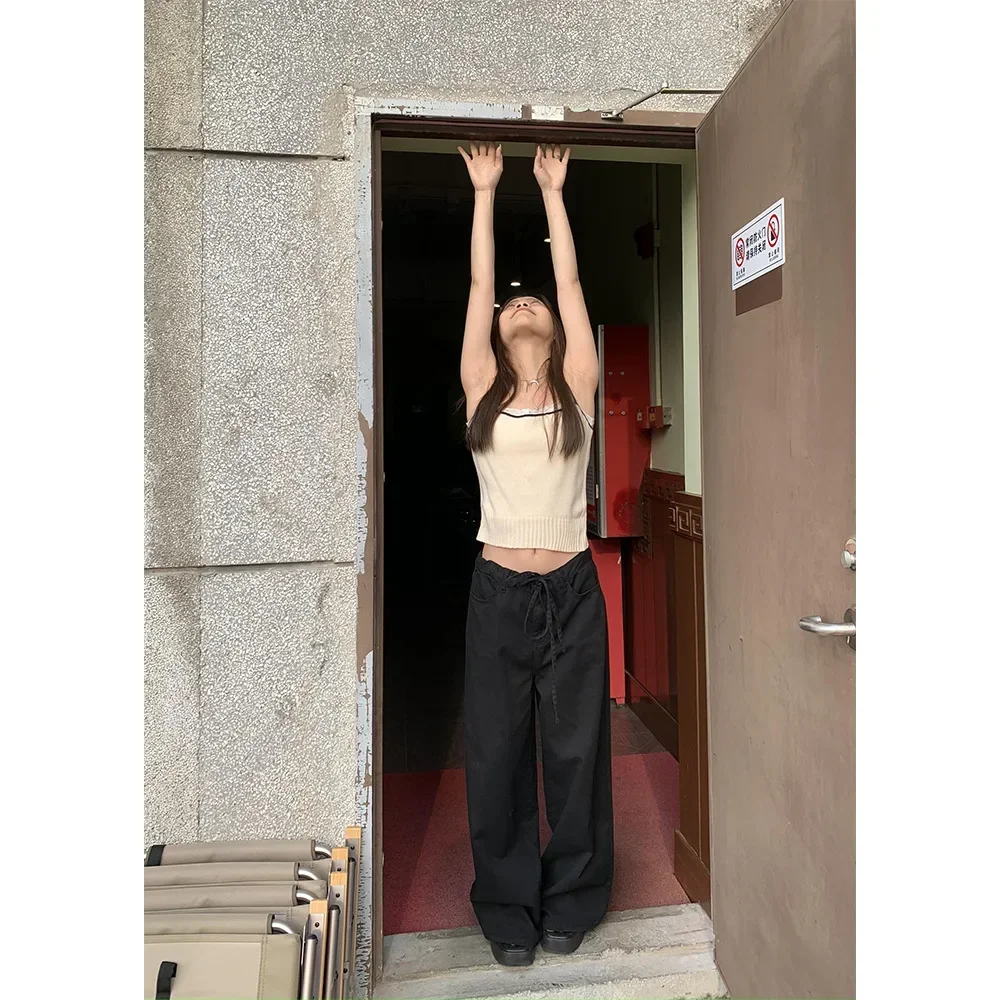 Jean à cordon de serrage pour femme, Streetwear, longueur au sol, coupe ample, taille moyenne, pantalon en Denim à jambes larges, pantalon en détresse, automne