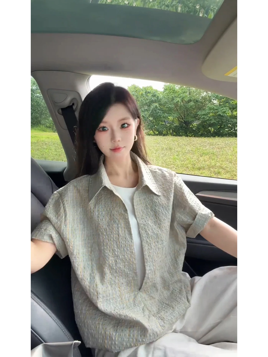 

Yellow Plaid Bubble Shirt Men's Short Sleeve Summer Loose Ice Silk Shirt Cool Feeling Half Sleeve Fake Two-Piece Anti-Wrinkle