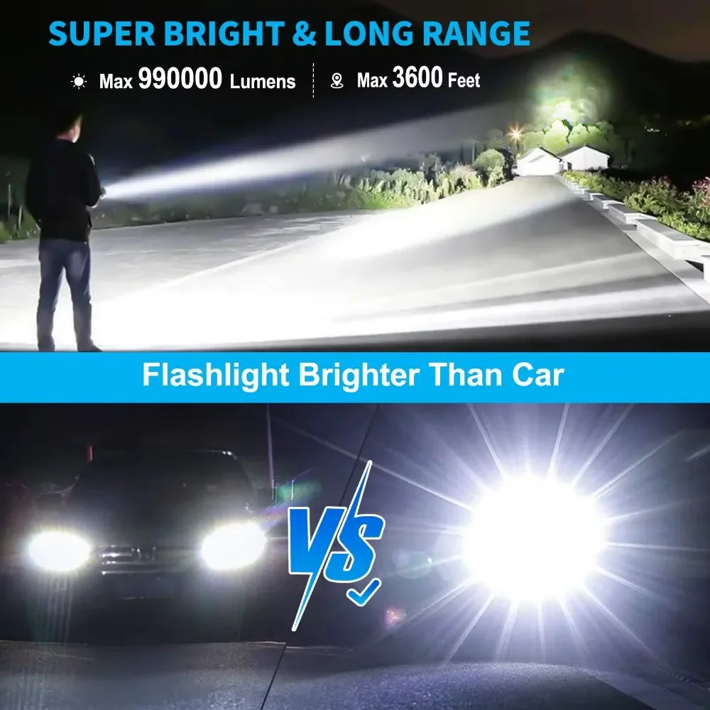 Powerful 1000000 High Lumen LED Flashlight Super Bright Rechargeable Portable Ultra Power USB C Torch lamp Outdoor Emergency