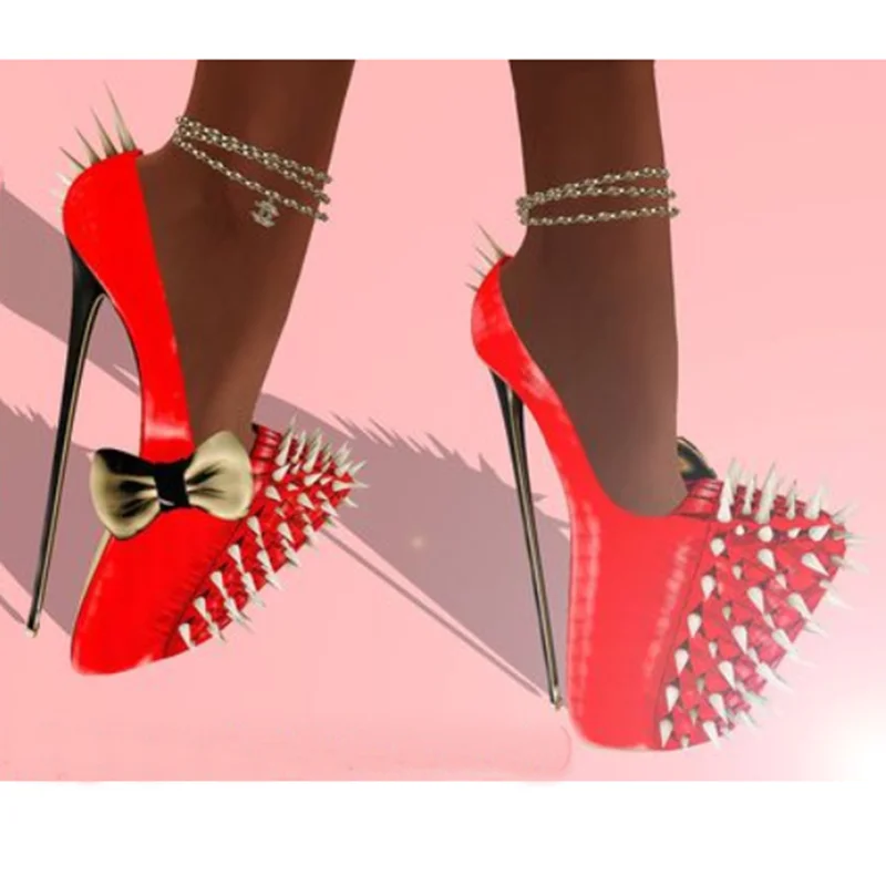

Red Rivet Bow Knot Leather Pumps Thin High Heel Pointed Toe Fashion Sexy Cool 2025 Summer Big Size Woman Shoes Zapatillas Mujer