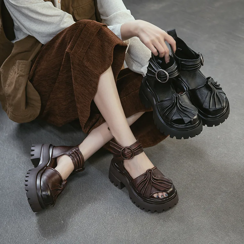 2026 New 7cm Luxurious Summer Genuine Leather Retro Pleated Thick Soled Sandals Comfortable And Breathable Women's Shoes