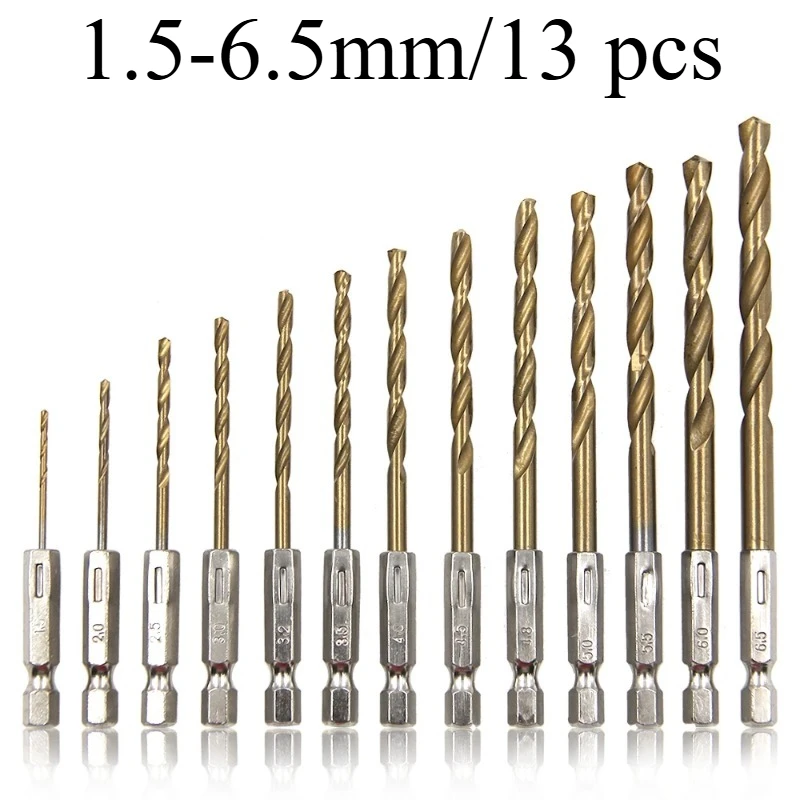 

13pc Hex Handle Titanium Plated Twist Drill Bit 1.5-6.5mm Electric Drill Drilling Tool Set