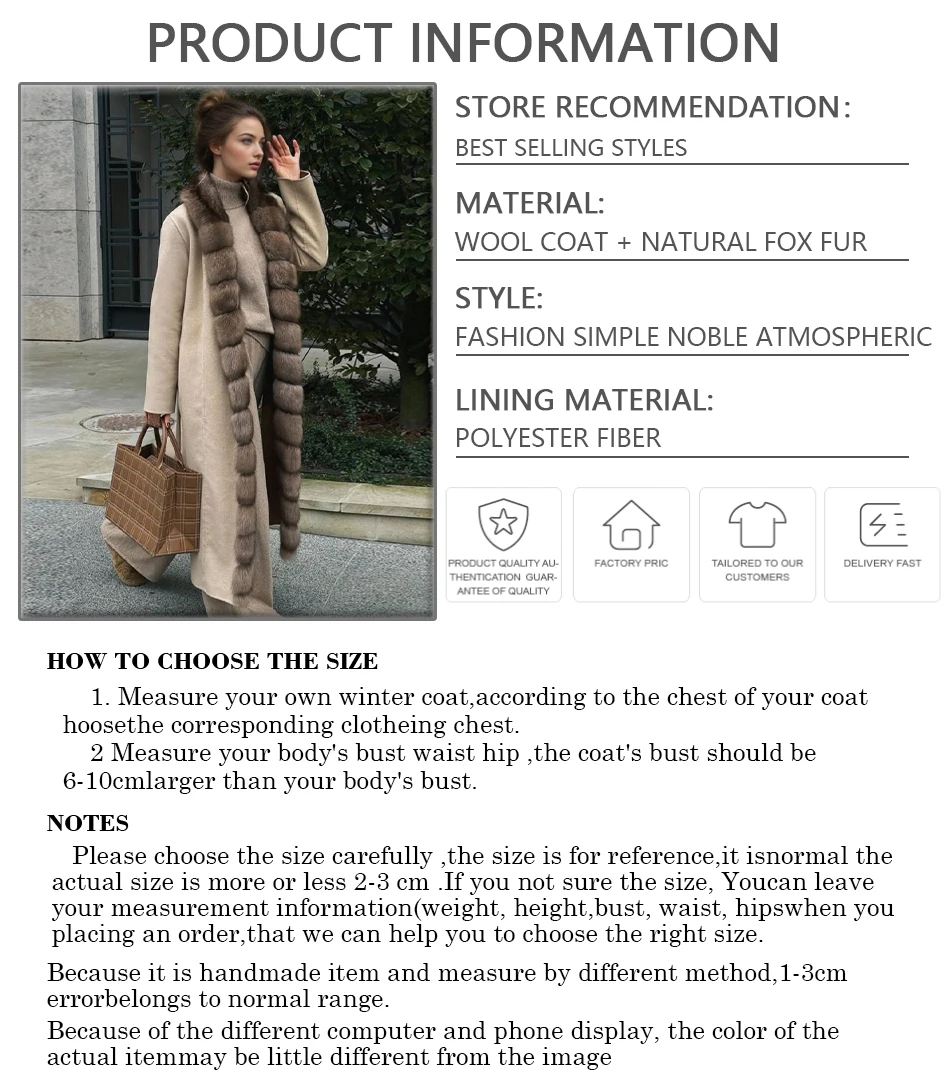 Casacos de pele de lã para mulheres casaco de caxemira real com gola de pele de raposa longo misturas de lã casaco de luxo nova jaqueta de pele real