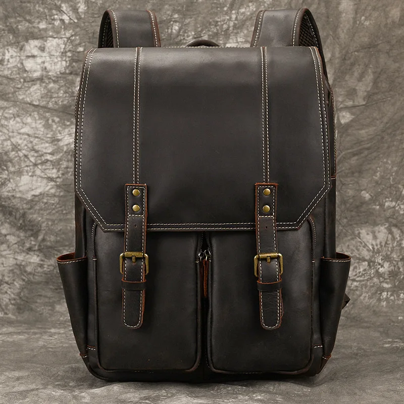 Business Men's Bag Retro Crazy Horse leather Backpack Men's leather large Capacity Flip Backpack Outdoor leisure Travel Bag