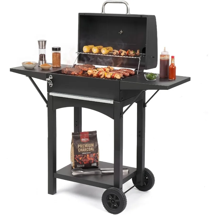 Charcoal Grill with 2 Side Tables, BBQ Grill with Lid and Chimney