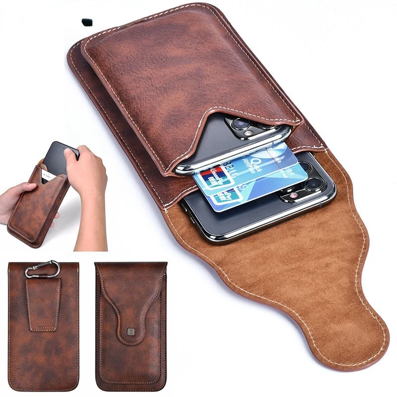 Small Belt Bag for Phone Universal Belt Pouch Holster Cover Case Vintage Leather Waist Bag Cellphone Loop Holster for Hiking