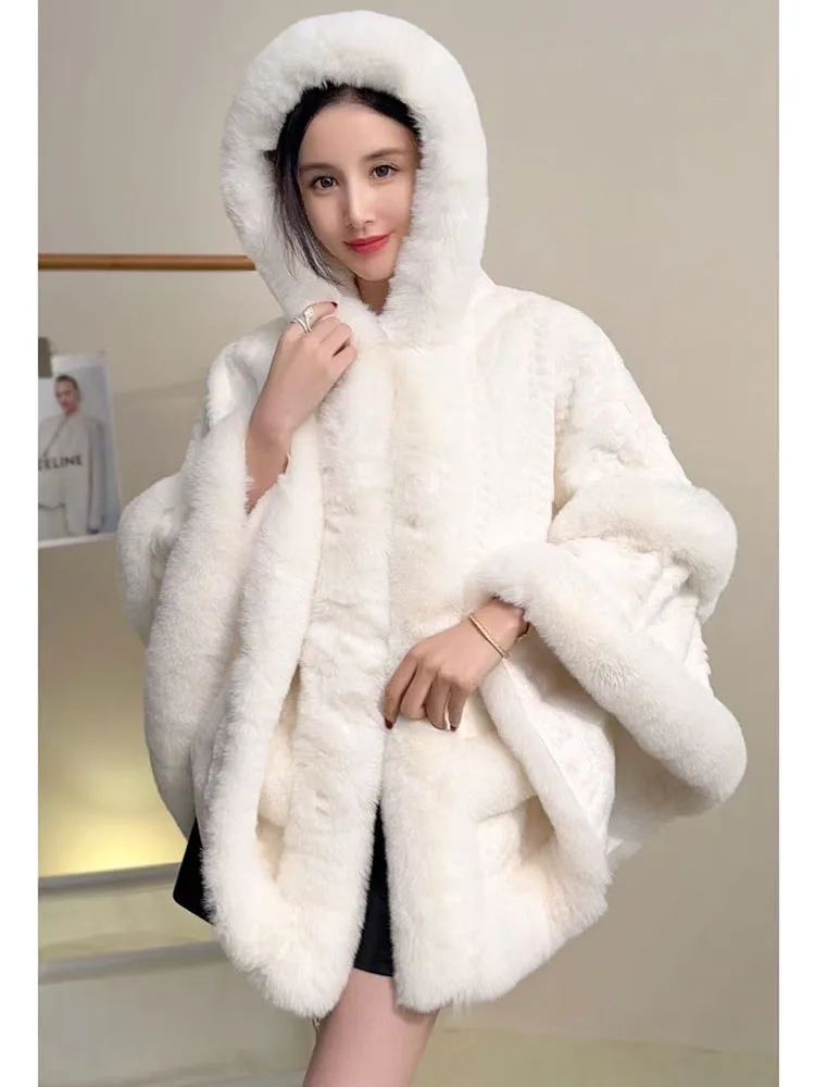 ZADORIN Luxury Thick Warm Hooded White Faux Fur Coat Woman Winter Clothes Fur Cape Mid Long Fur Shawl Cardigan Cloak Outerwears
