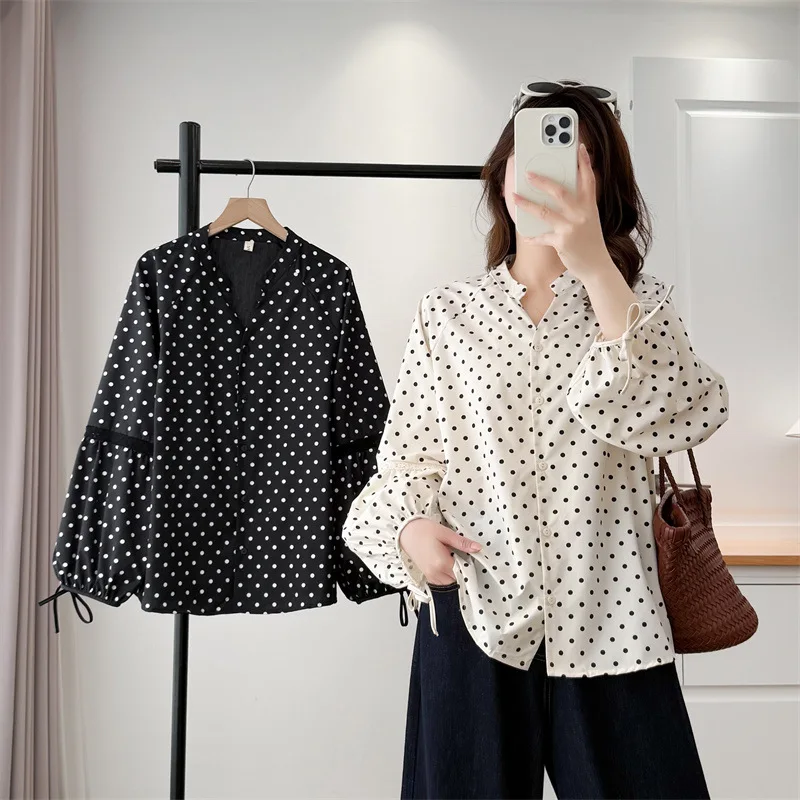 Women Plus Size Polka Dot Long Sleeve Shirt 2026 Spring V-Neck Lace Up Elegant Blouse Curvy Ladies Casual Top 780 view 4