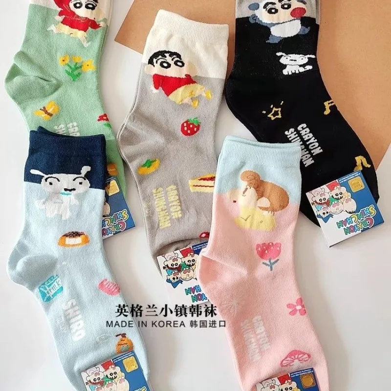 Kawaii Crayon Shin-Chans Nohara Himawari Nohara Shiros Cotton Socks Mid-Tube Socks Sweat Absorption Breathable Ins Girls Gift