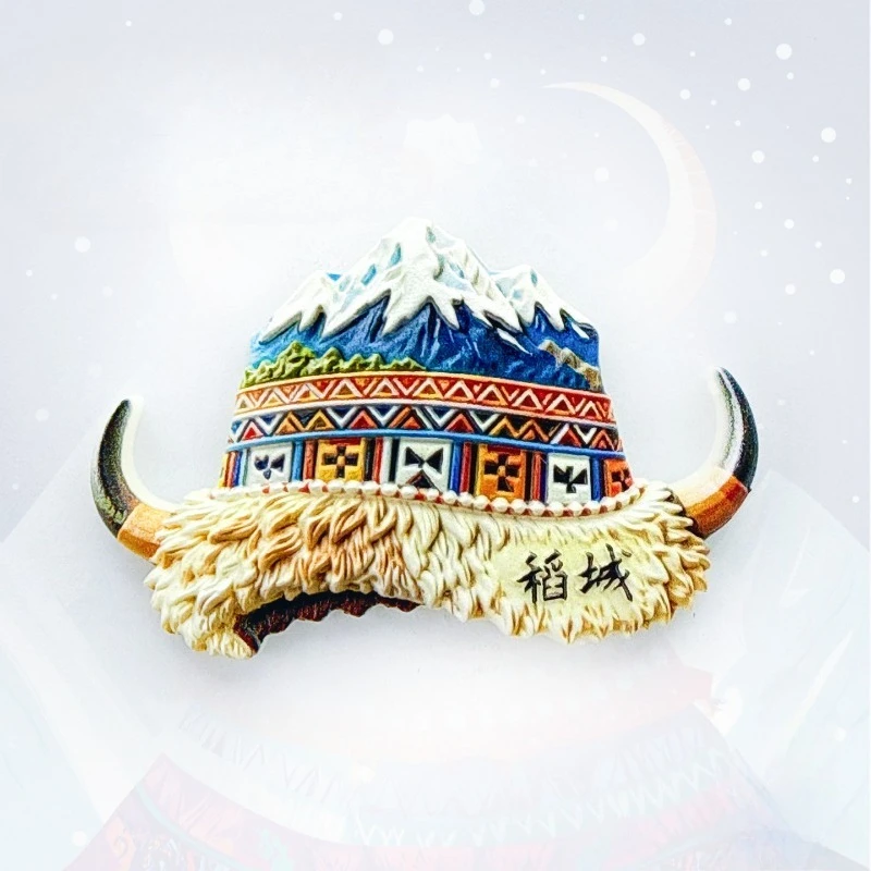 Daocheng Hat Fridge Magnet - Authentic 3D Tibetan Horned Cap Souvenir Unique Sichuan Cultural Gift for Travel & Ethnic Decor