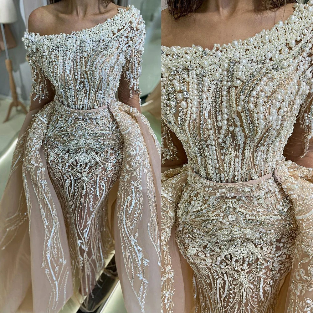 

Luxury Mermaid Evening Dresses Long Sleeves V Neck Sequins Beaded Appliques Pearls Detachable Train Prom Dresses Custom Made