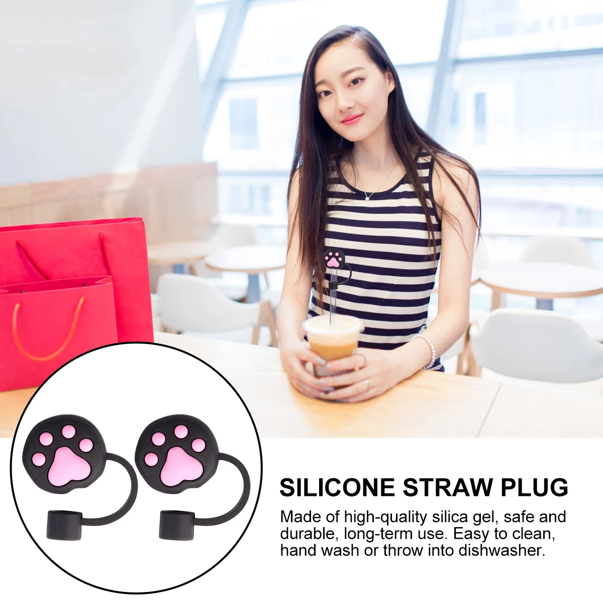 

6pcs Black Cat Claw Silicone Dustproof Leakproof Cute Cartoon Straw Cover for 6 8mm Straws Portable Toppers Straw Protector