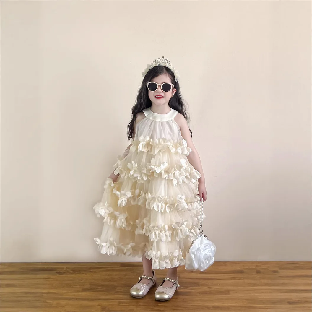 Girl Skirt 2025 Summer New Childrens Clothing Korean Style Girl Baby Hanging Neck Flower Layer Cake Dress Casual Simple Daily