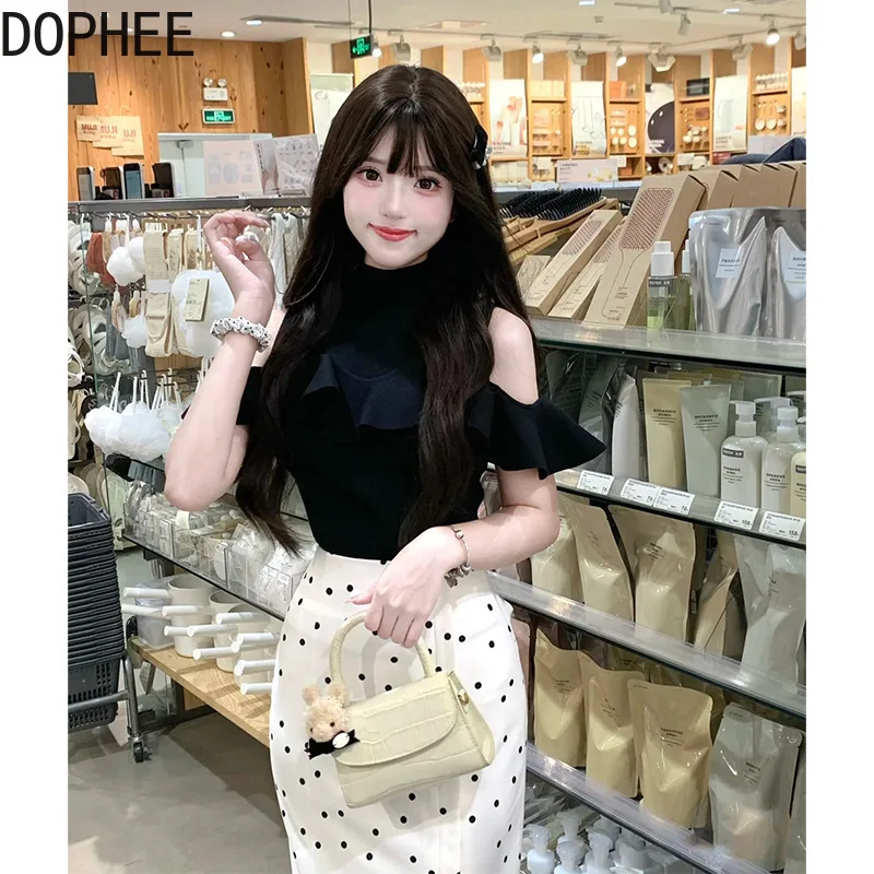 

Japanese New Spring Summer Half High Collar Off Shoulder Knitted Shirts Elegant Ruffles Lady Slimming Basic Sweater Pullover Top