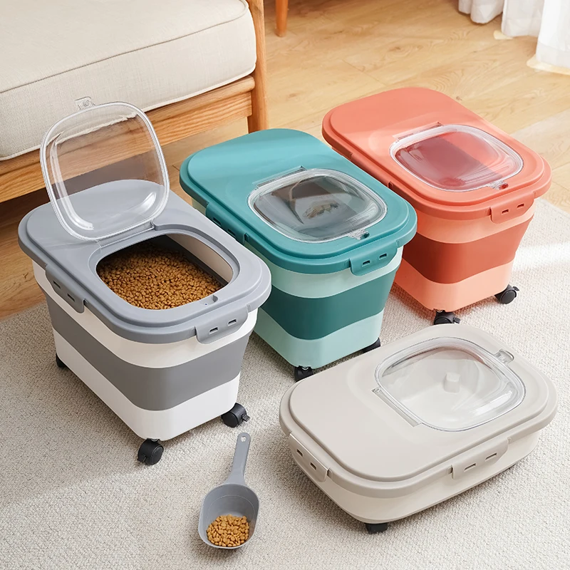 Imagem -02 - Multifuncional Dobrável Cat Food Bucket on Wheels Umidade Proof Box Recipiente Snack Dog com Tampa Clara Pet Shop