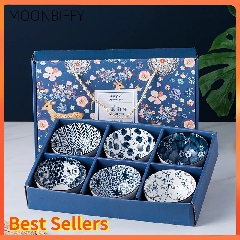 MOONBIFFY Japanese Creative Household Bowl Chopsticks Set Blue and White Porcelain Bowl Gift Box Gift