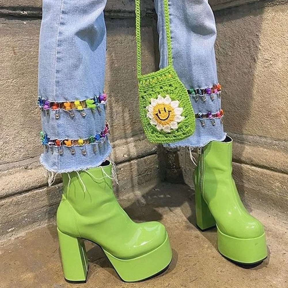 

Green Ankle Boots with Chunky High Heels Fashionable Women's Shoes Glossy Leather Footwear Stylish Shoe 2025 Zapatos Para Mujere