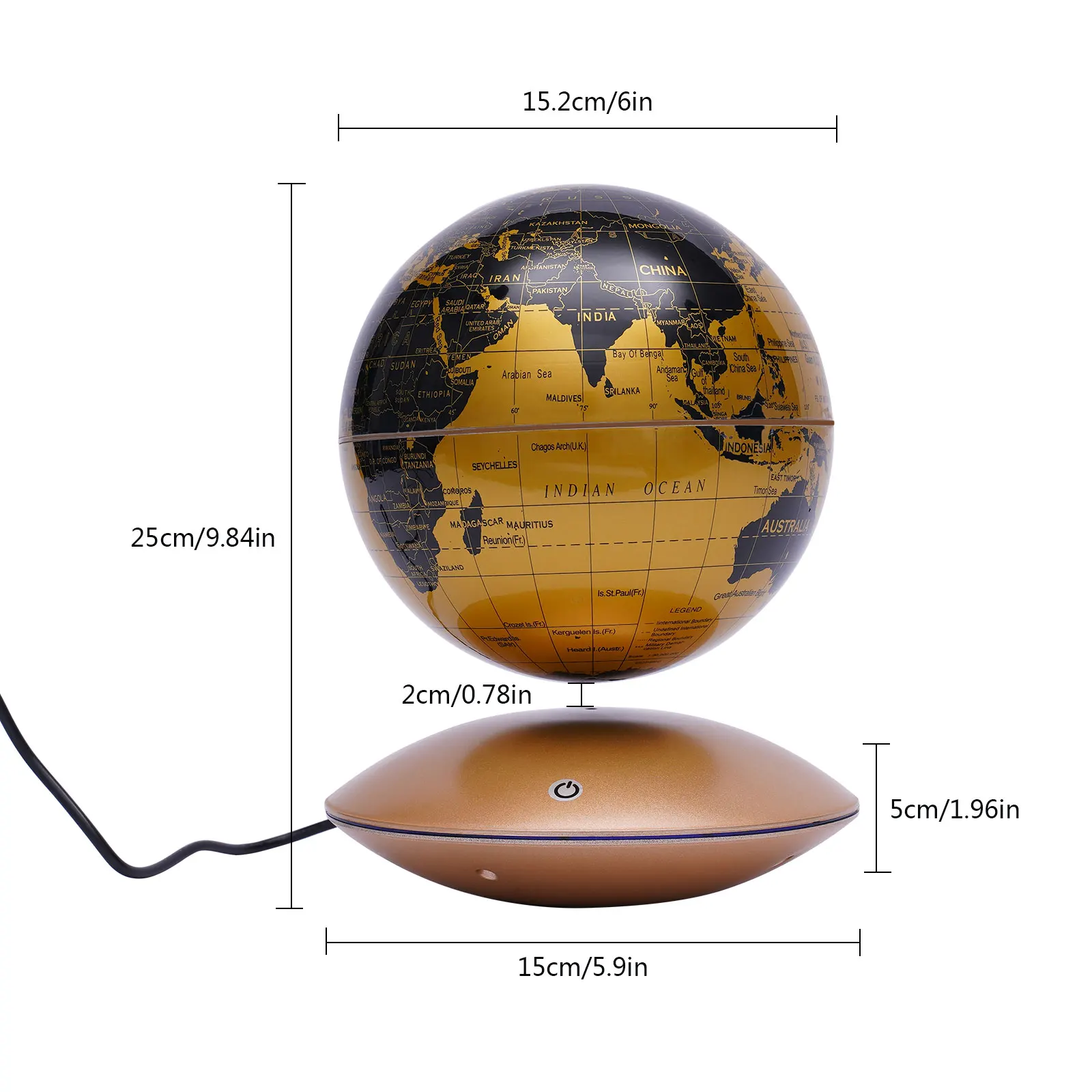 Globo geográfico de 6 polegadas com luz colorida e recurso de suspensão, potência de 12 V e potência de 5-10 W para um display visual impressionante